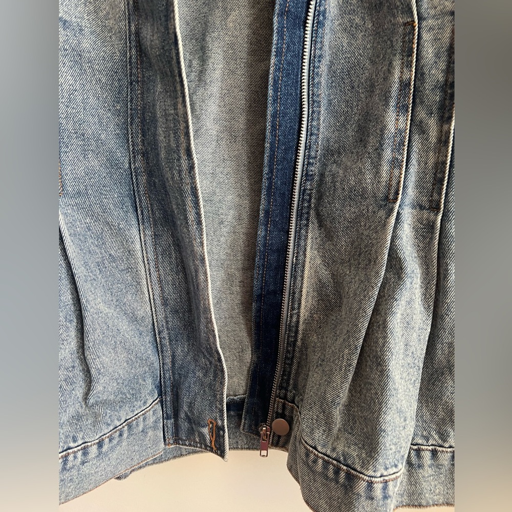 VICI Brown Suede Trim Pockets Collar Denim Blue Barn Long Jacket Medium 8 10 NWT - Picture 6 of 9